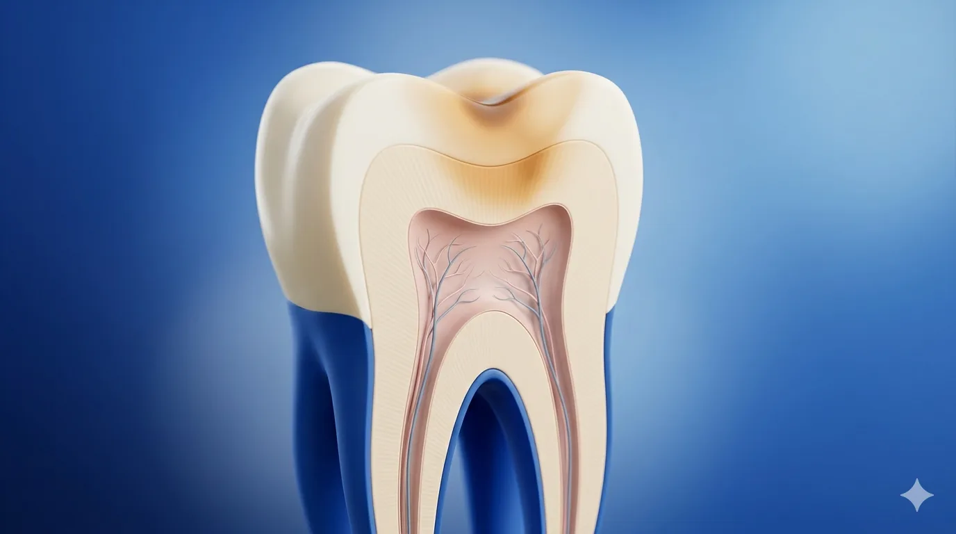 Cross-section anatomy: decay progressing to the pulp chamber and root canal