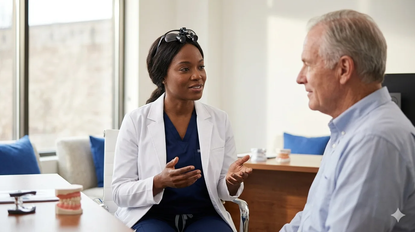 MFE endodontist explaining a treatment plan to a calm patient